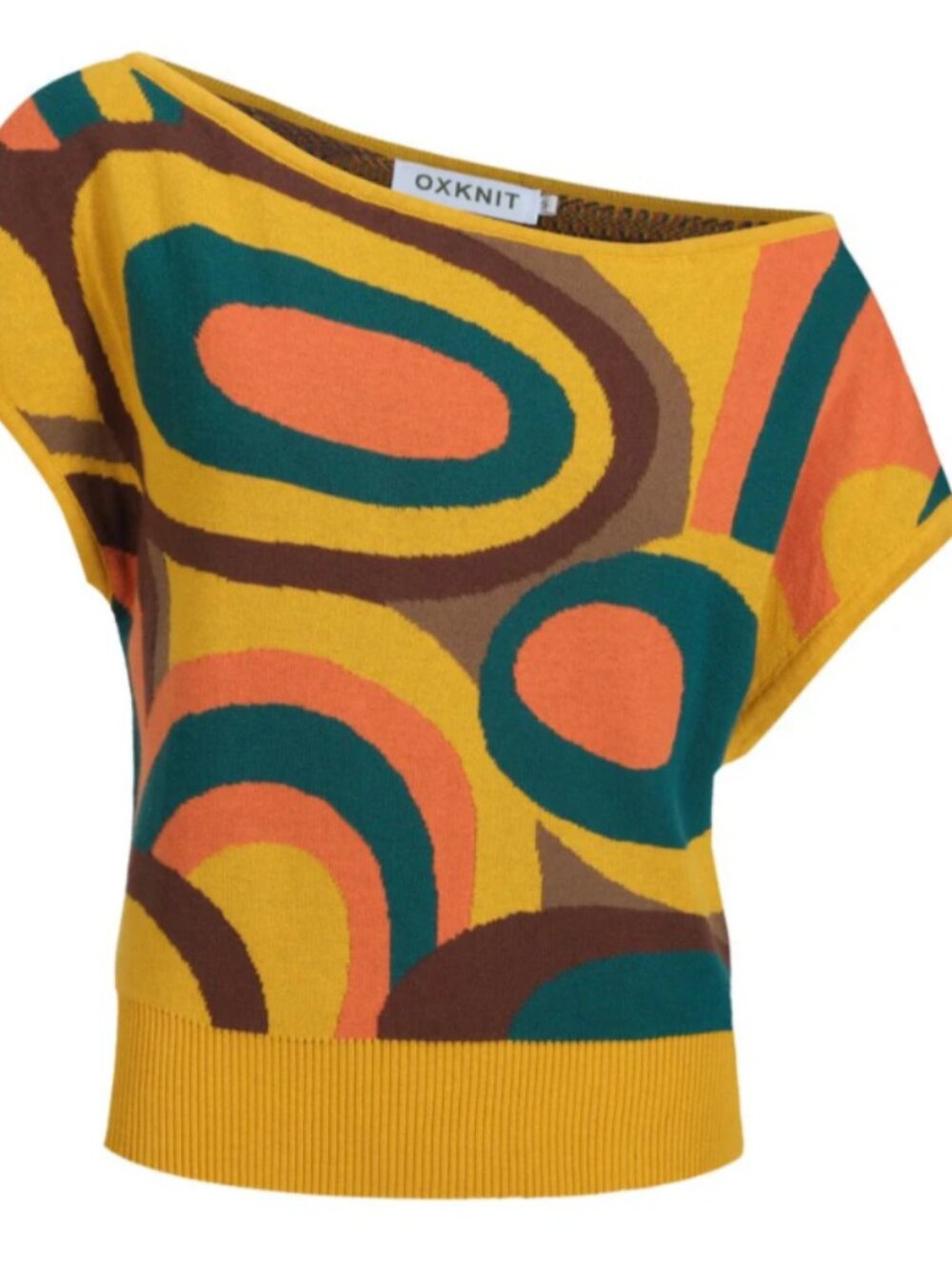 Oxknit Women's Retro 60's jacquard slant shoulder Knit T-shirt Cropped Length XL - Picture 2 of 6